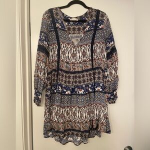 Altar'd State Blue and Brown Patterned Long Sleeve Dress